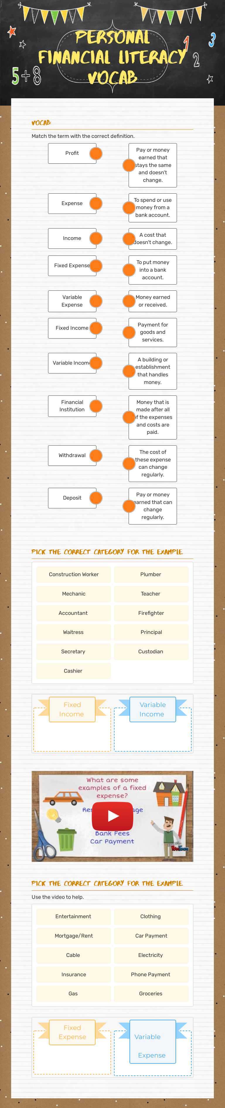 Personal Financial Literacy Vocab worksheet preview image