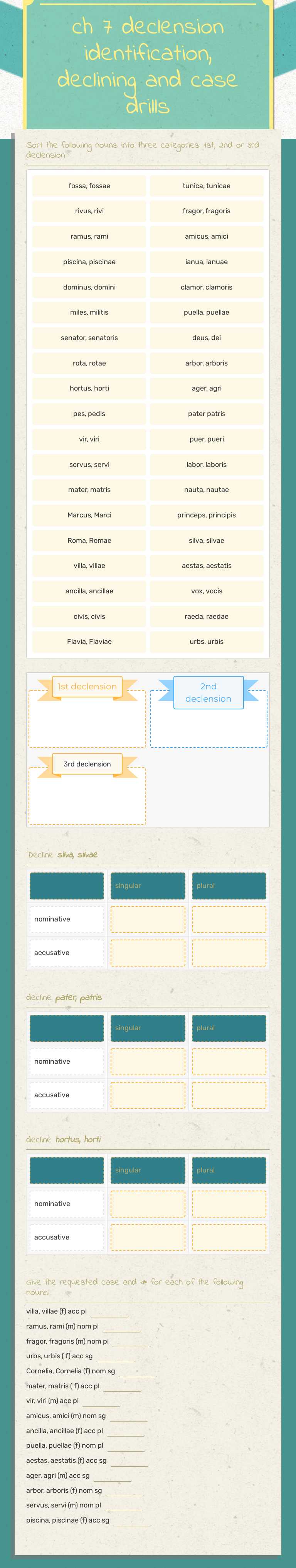 ch 7 
declension identification, declining and case drills worksheet preview image