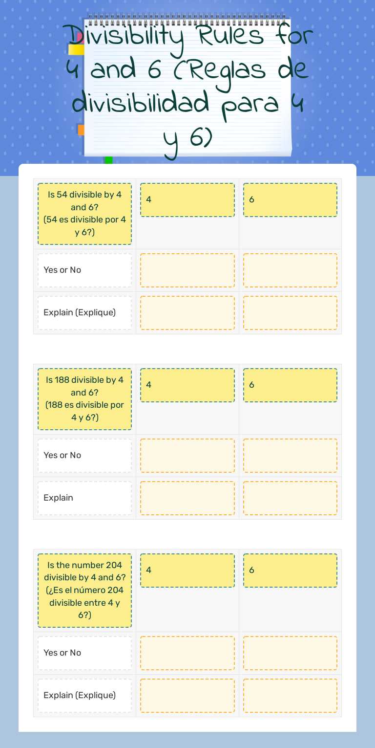 Divisibility Rules for 4 and 6 (Reglas de divisibilidad para 4 y 6) worksheet preview image