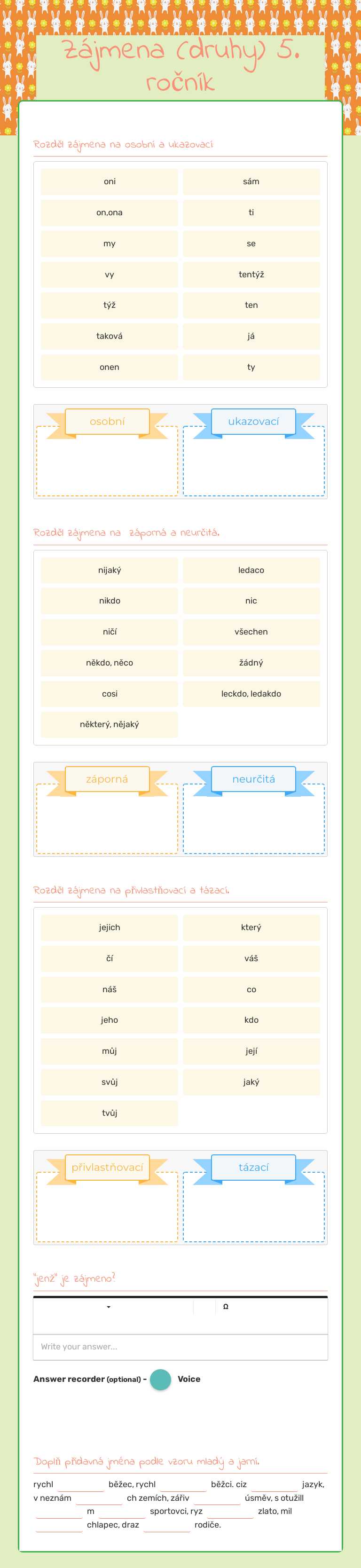 Zájmena (druhy) 5. ročník worksheet preview image
