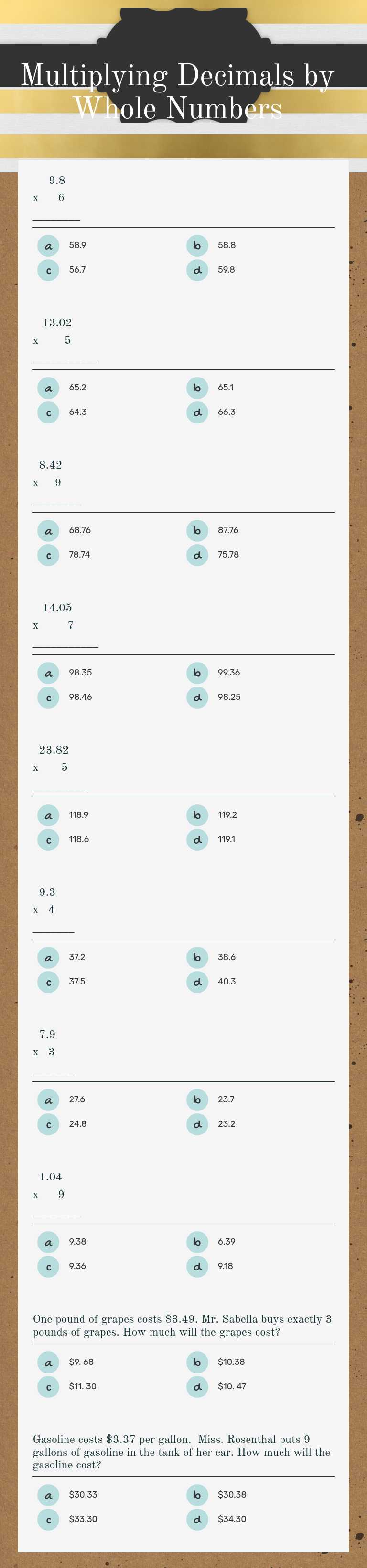 Multiplying Decimals by Whole Numbers Grade 5 worksheet preview