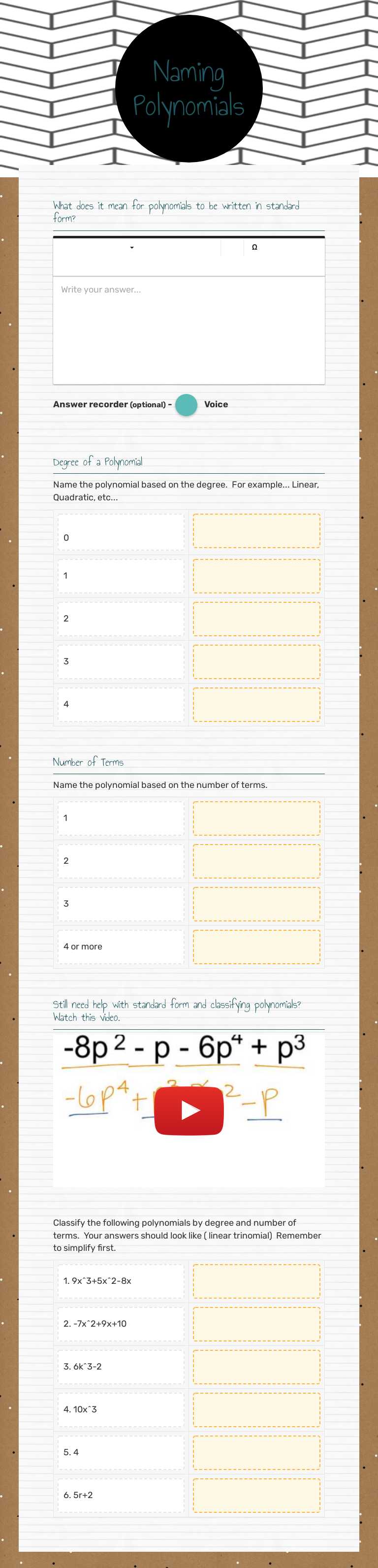 Naming Polynomials worksheet preview image