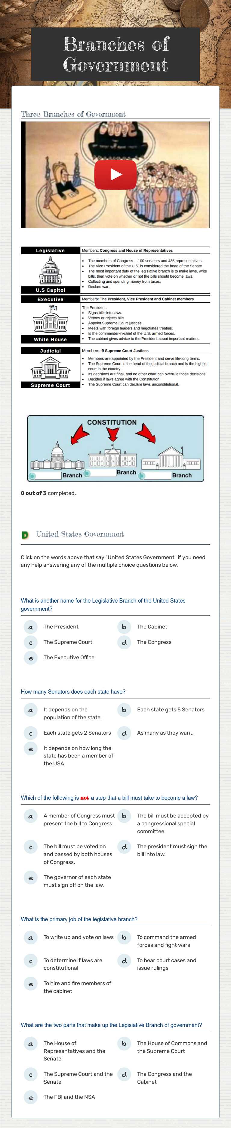 Branches of Government Grade 5 worksheet preview