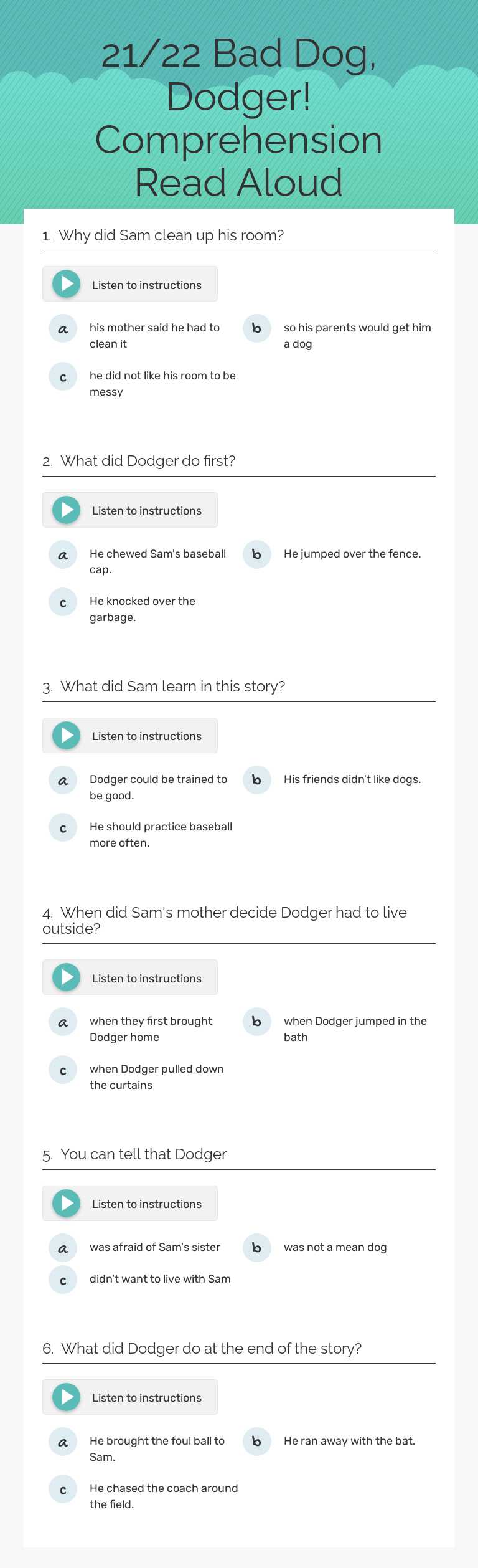 21/22 Bad Dog, Dodger! Comprehension Read Aloud worksheet preview image