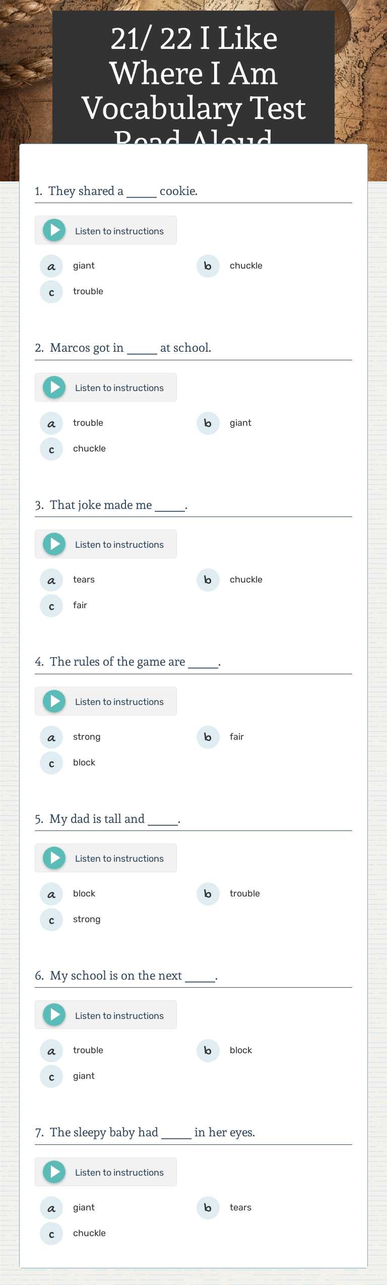 21/ 22 I Like Where I Am Vocabulary Test Read Aloud worksheet preview image