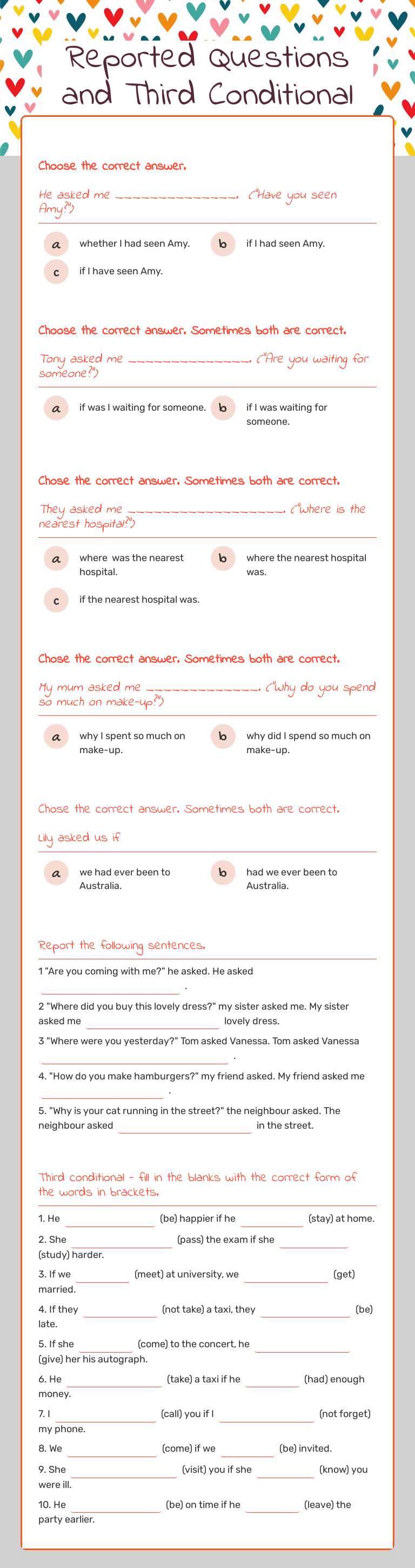 Reported Questions and Third Conditional worksheet preview image