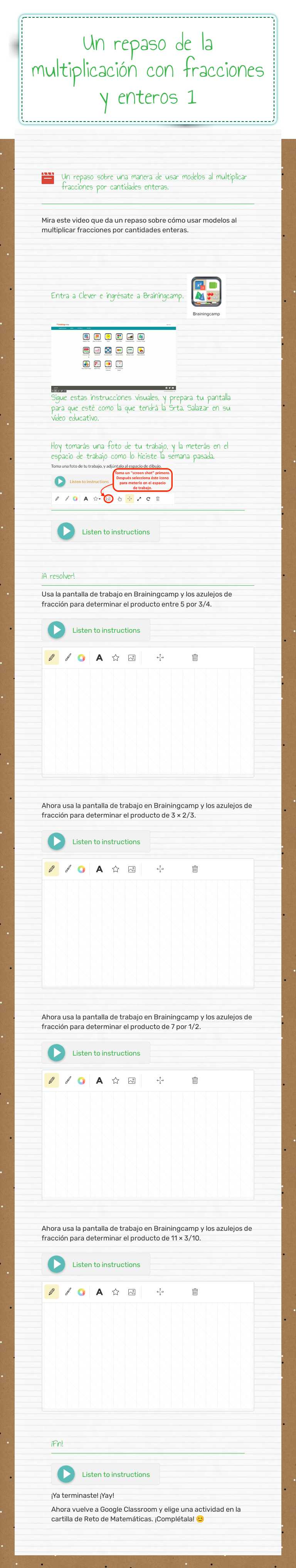 Un repaso de la multiplicación con fracciones y enteros 1 Grade 5 worksheet preview