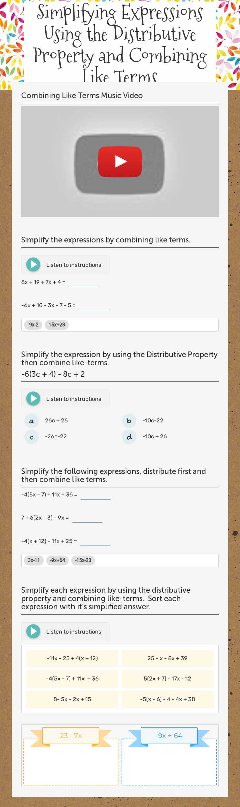 Simplifying Expressions Using the Distributive Property and Combining Like Terms worksheet preview image