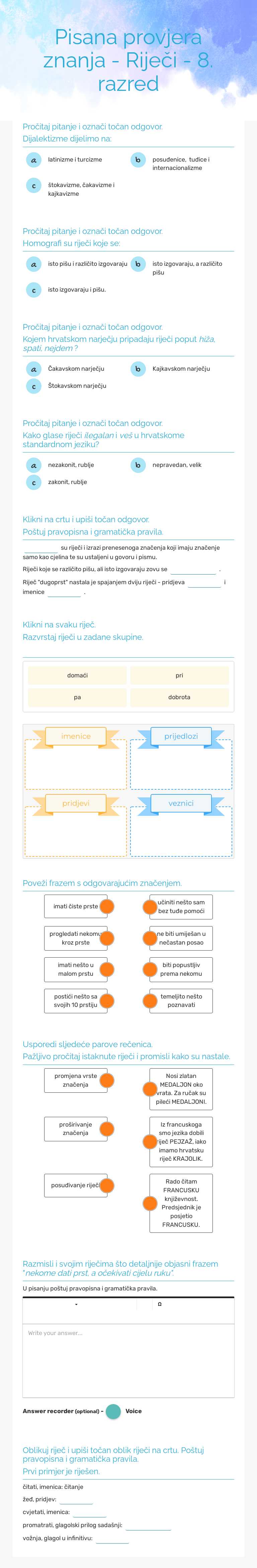 Pisana provjera znanja - Riječi - 8. razred worksheet preview image