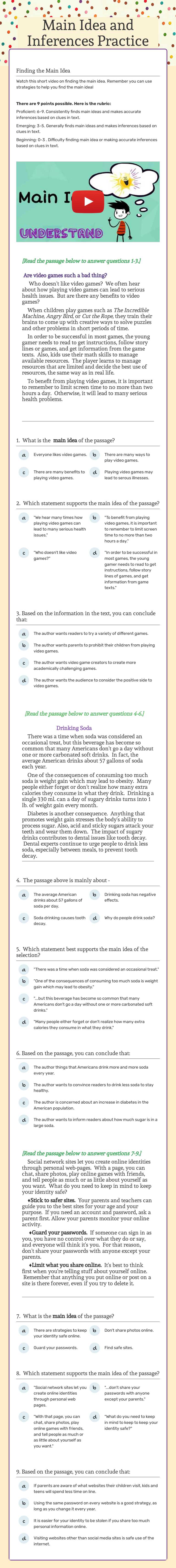 Main Idea and Inferences Practice worksheet preview image