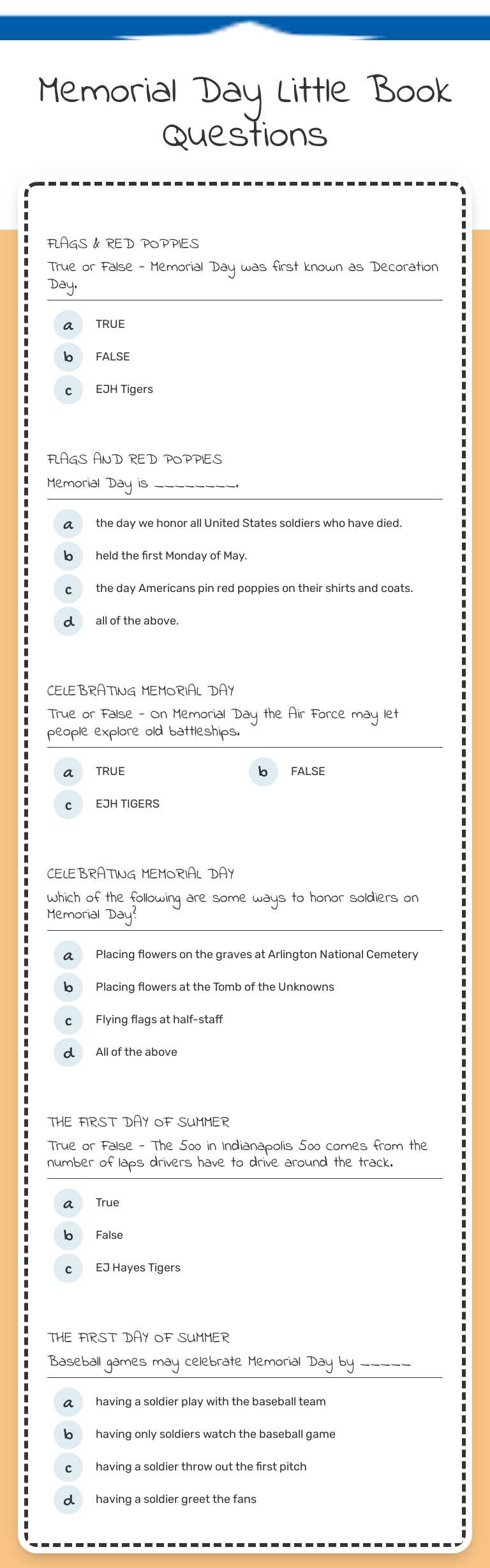 Memorial Day Little Book Questions worksheet preview image