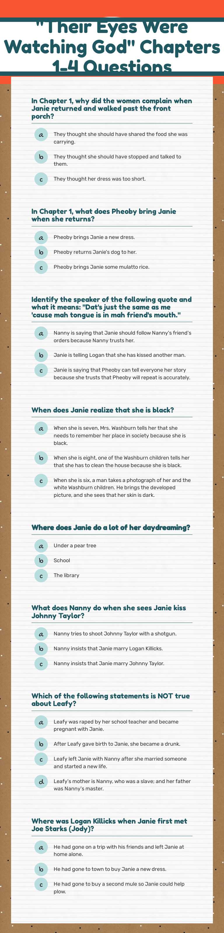 "Their Eyes Were Watching God" Chapters 1-4 Questions worksheet preview