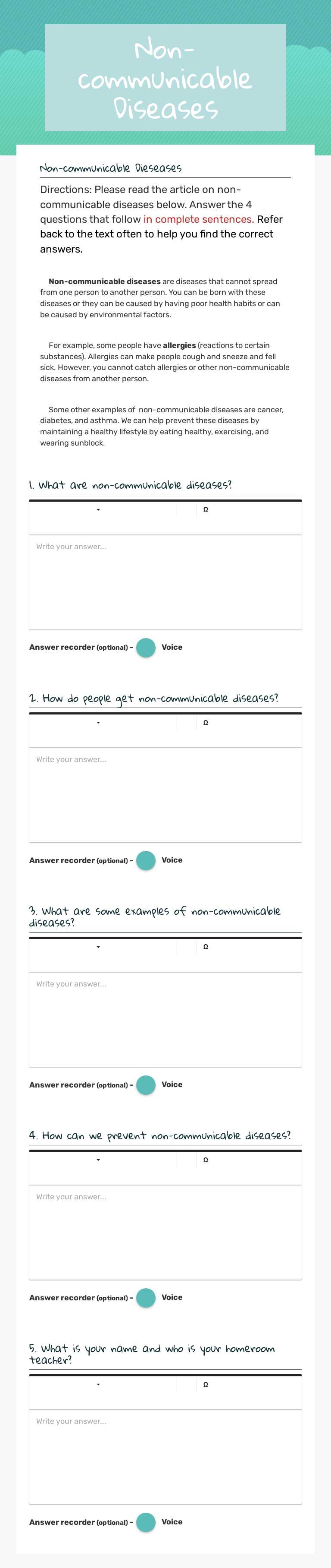 Non-communicable Diseases worksheet preview image
