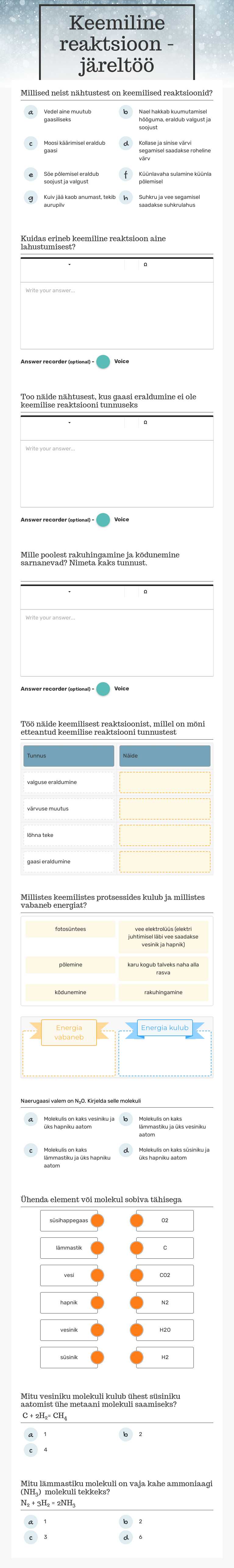 Keemiline reaktsioon - järeltöö worksheet preview image