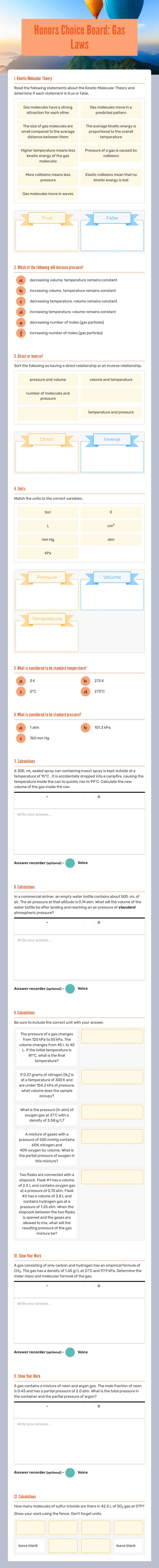 Honors Choice Board: 
Gas Laws worksheet preview image