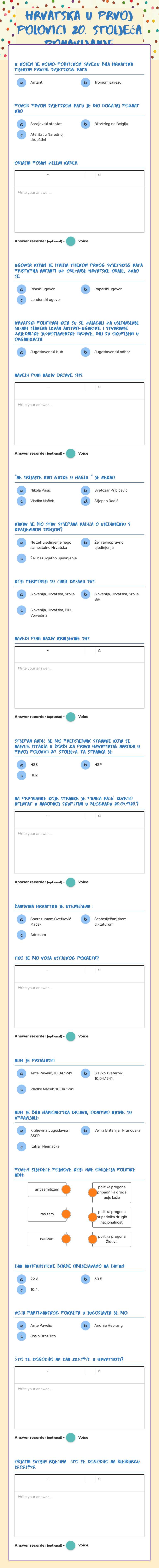 Hrvatska u prvoj polovici 20. stoljeća ponavljanje worksheet preview image