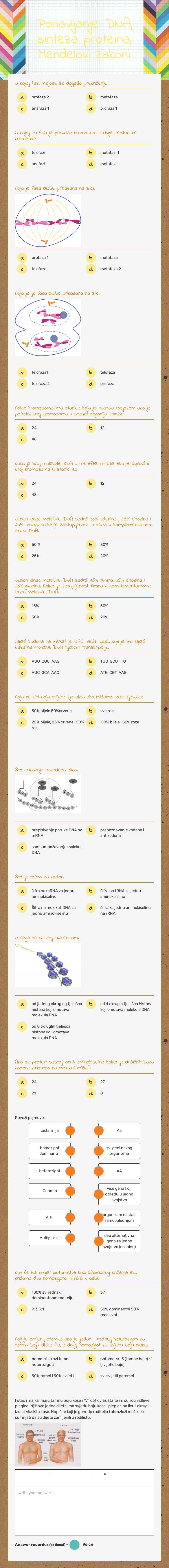 Ponavljanje DNA, sinteza proteina, Mendelovi zakoni Grade 10 worksheet preview