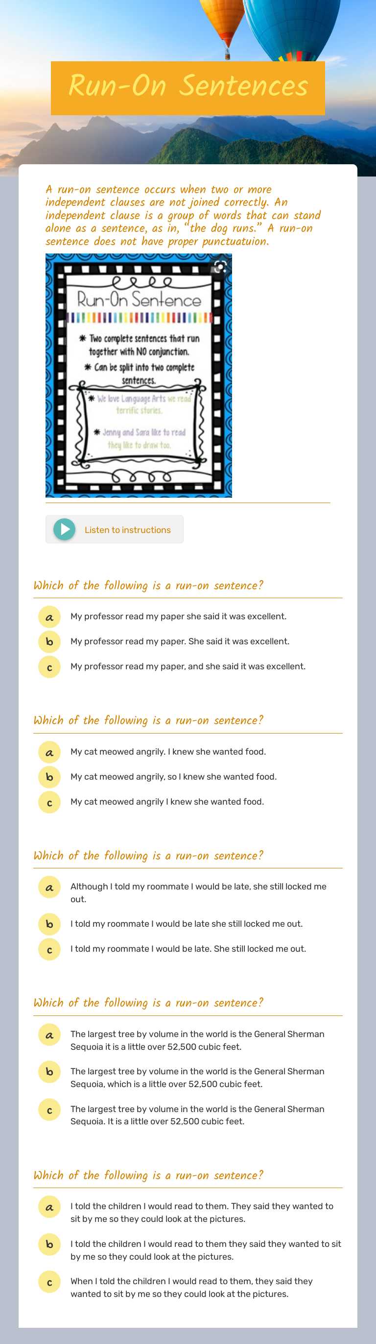 Run-On Sentences worksheet preview image