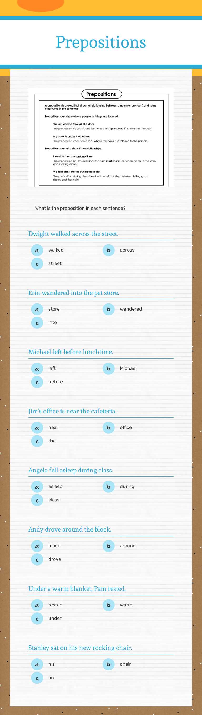 Prepositions Grade 5 worksheet preview