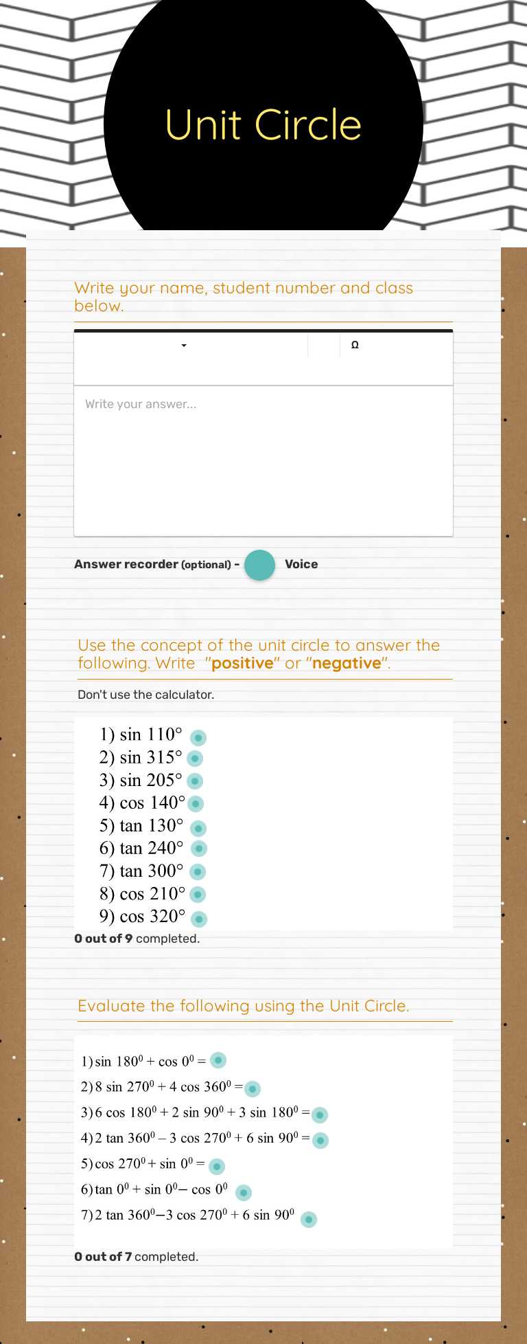 Unit Circle Grade 11 worksheet preview