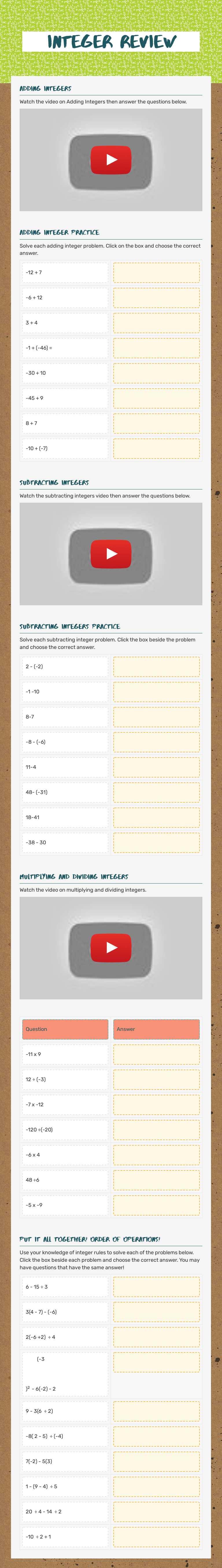 Integer Review Grade 7 worksheet preview