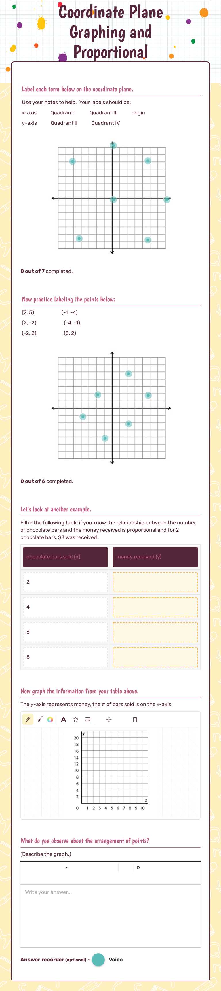 Coordinate Plane Graphing and Proportional Relationships worksheet preview image