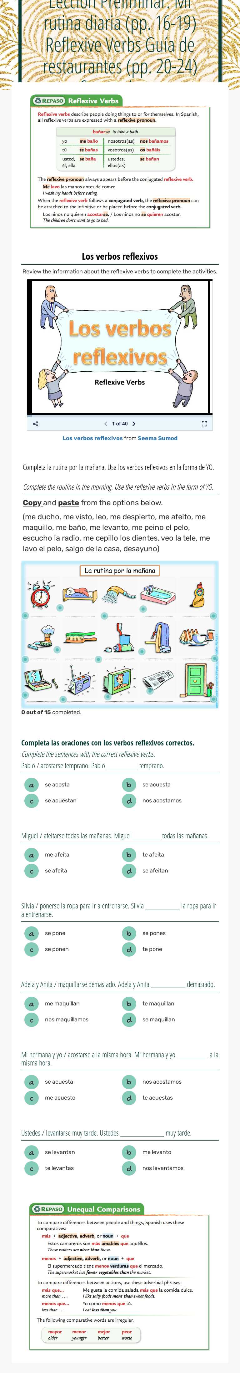 Lección Preliminar:  Mi rutina diaria (pp. 16-19) Reflexive Verbs    Guía de restaurantes (pp. 20-24) Comparisons worksheet preview image