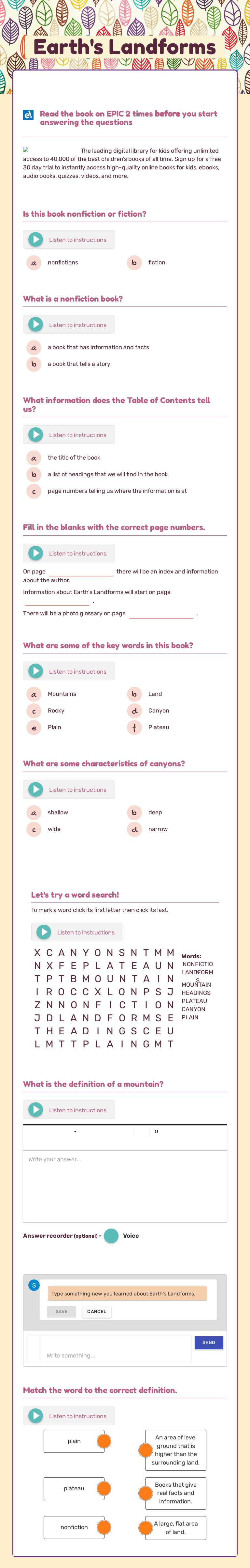 Earth's Landforms Grade 2 worksheet preview