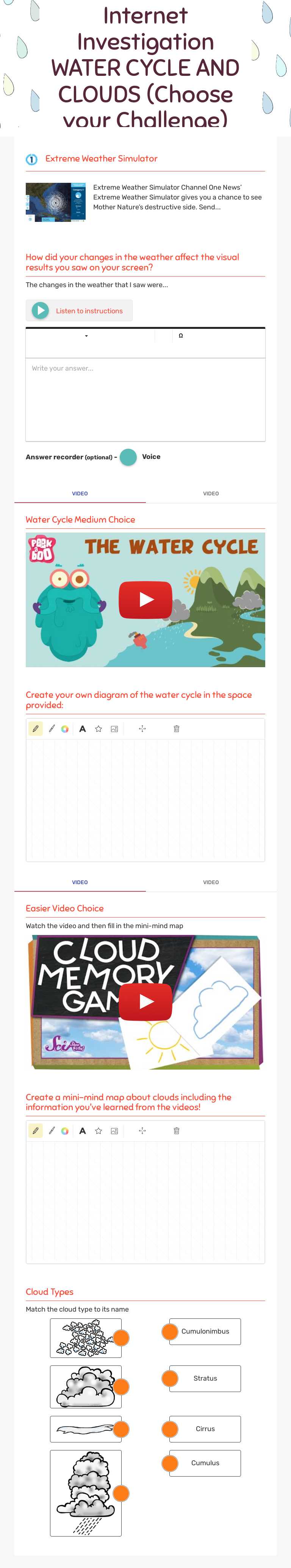 Internet Investigation WATER CYCLE AND CLOUDS (Choose your Challenge) Grade 5 worksheet preview