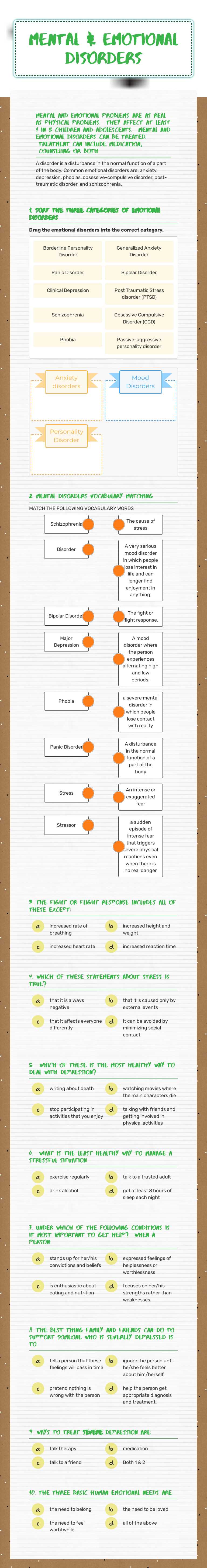 Mental & emotional disorders worksheet preview image