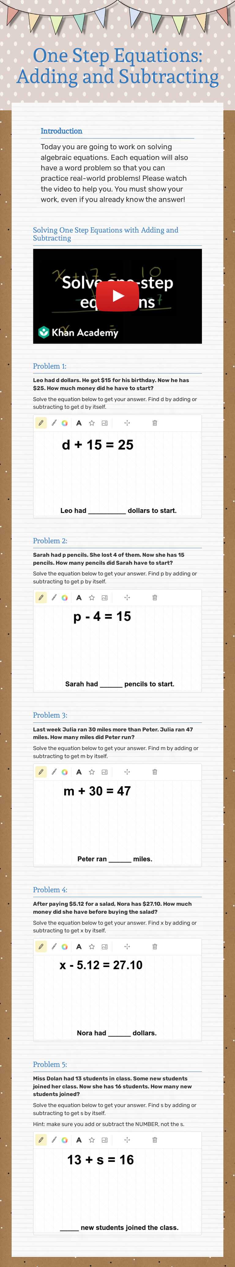 One Step Equations: Adding and Subtracting worksheet preview image