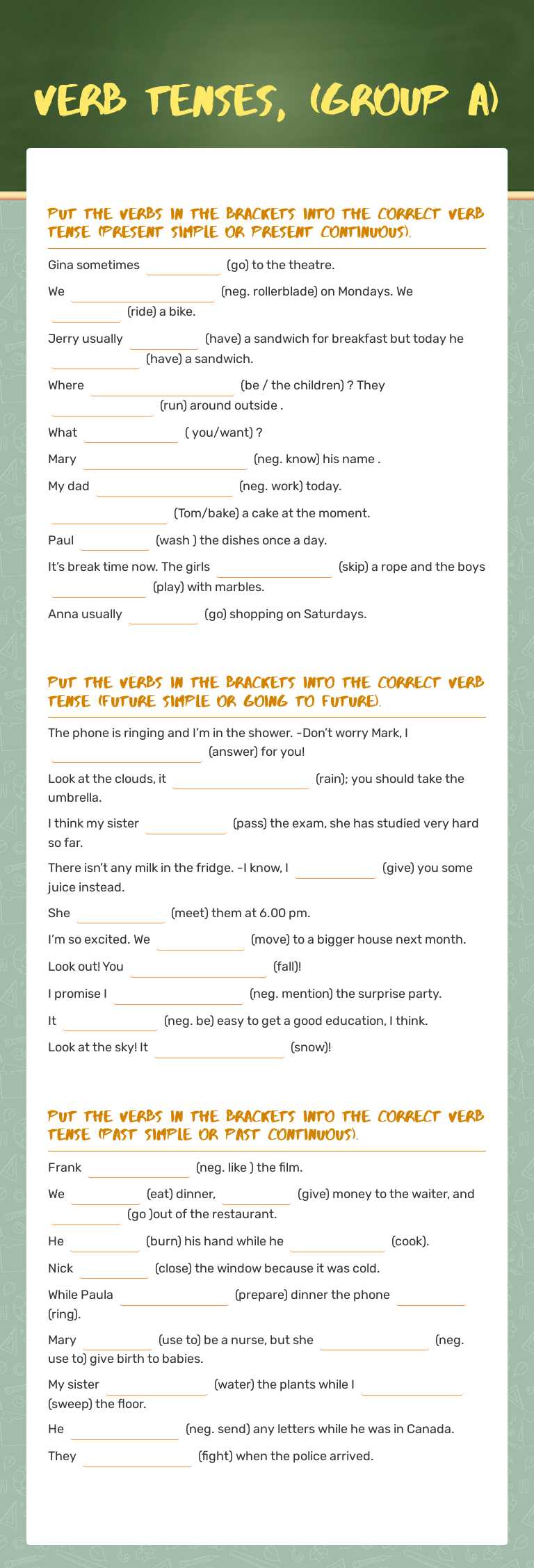 verb tenses, (group A) worksheet preview image