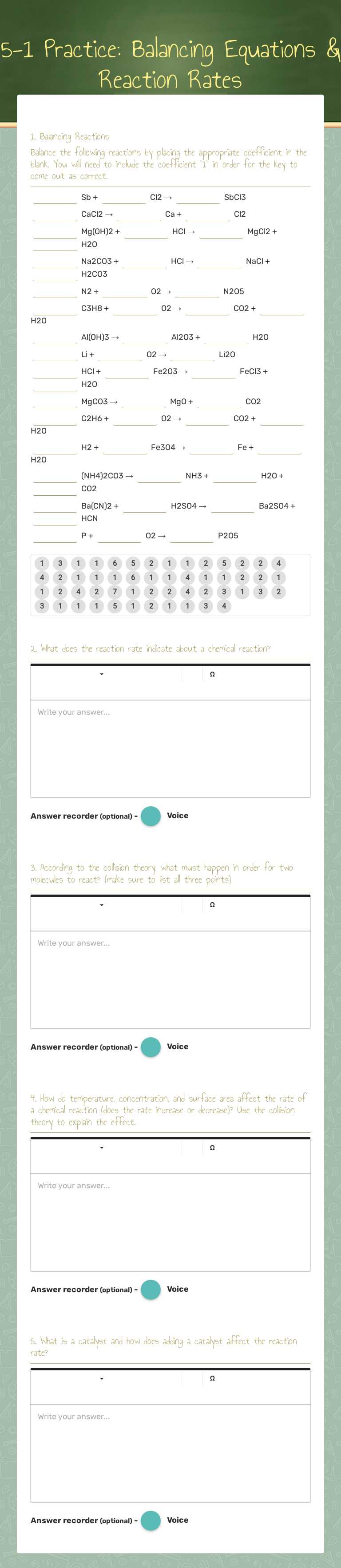 5-1 Practice: Balancing Equations & Reaction Rates worksheet preview image