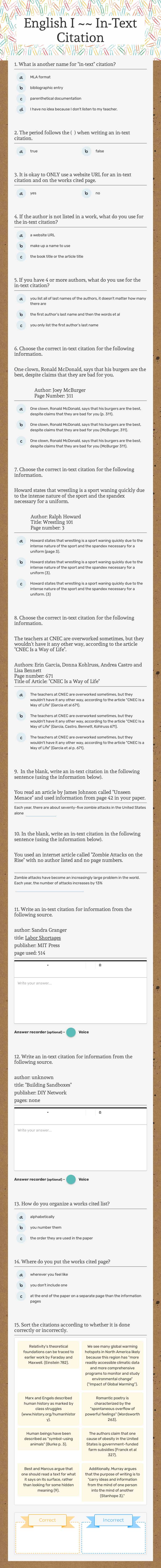 English I ~~ In-Text Citation Grade 9 worksheet preview