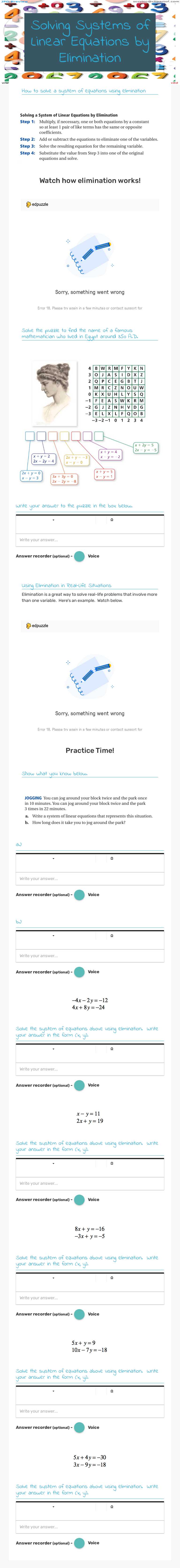 Solving Systems of Linear Equations by Elimination worksheet preview image