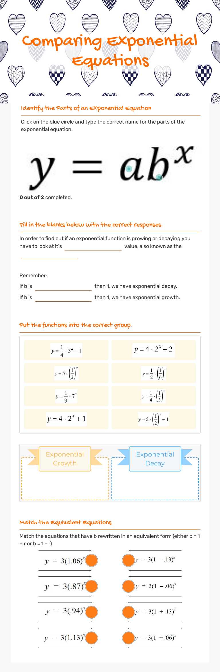 Comparing Exponential Equations worksheet preview image