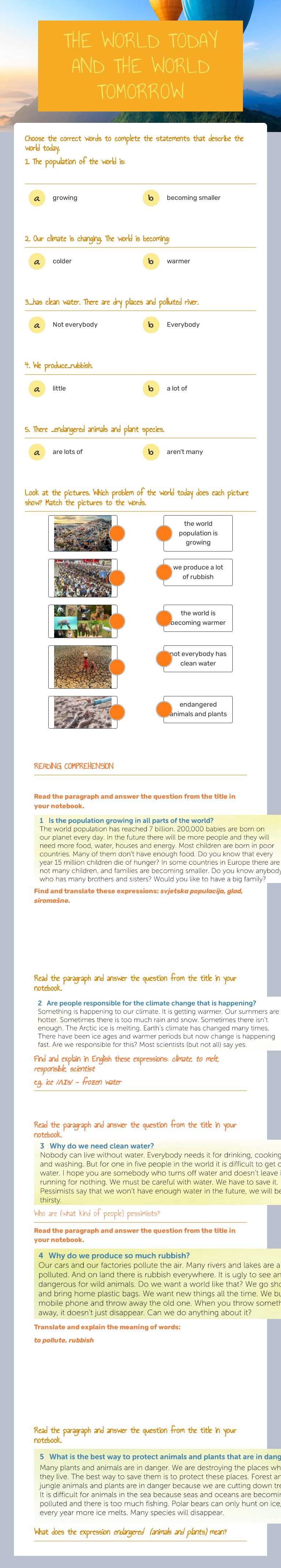 THE WORLD TODAY AND THE WORLD TOMORROW Grade 7 worksheet preview