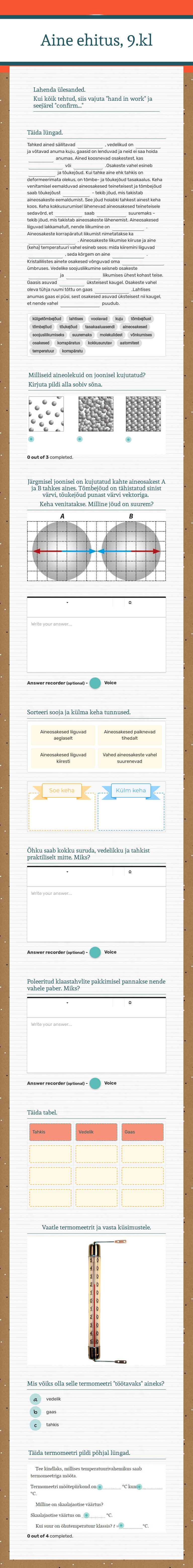 Aine ehitus, 9.kl worksheet preview image