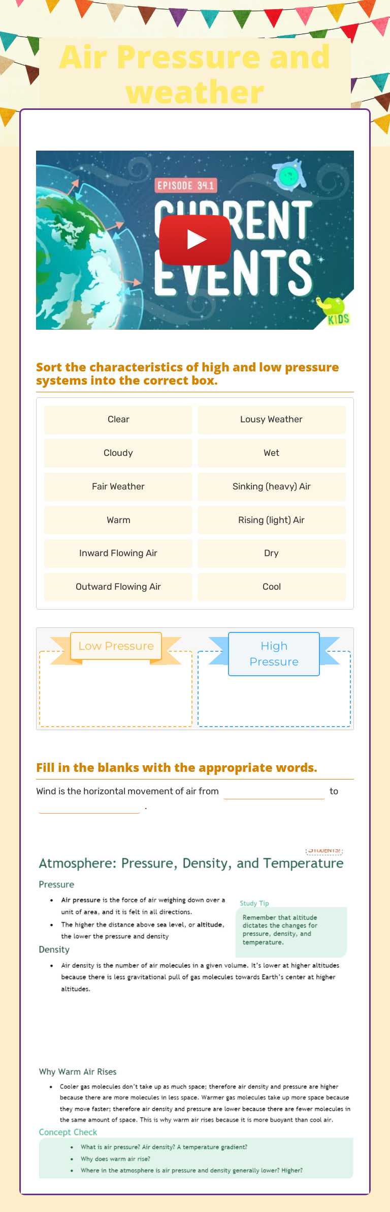 Air Pressure and weather Grade 7 worksheet preview