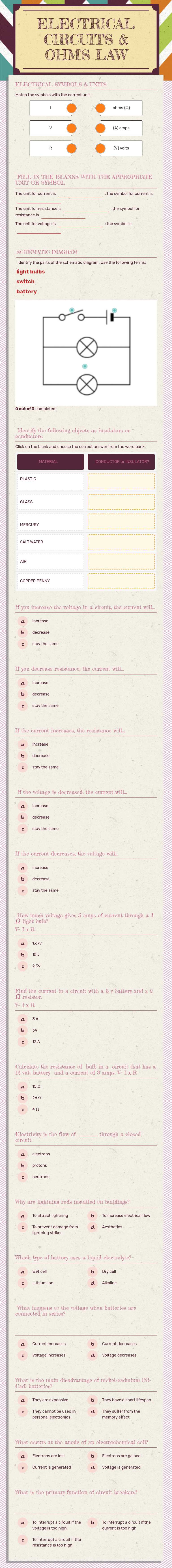 ELECTRICAL
CIRCUITS 
& 
OHM'S LAW worksheet preview image