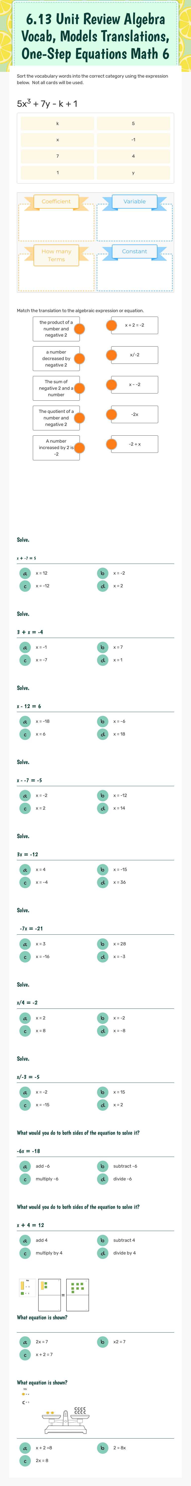 6.13 Unit Review Algebra Vocab, Models Translations, One-Step Equations Math 6 worksheet preview image