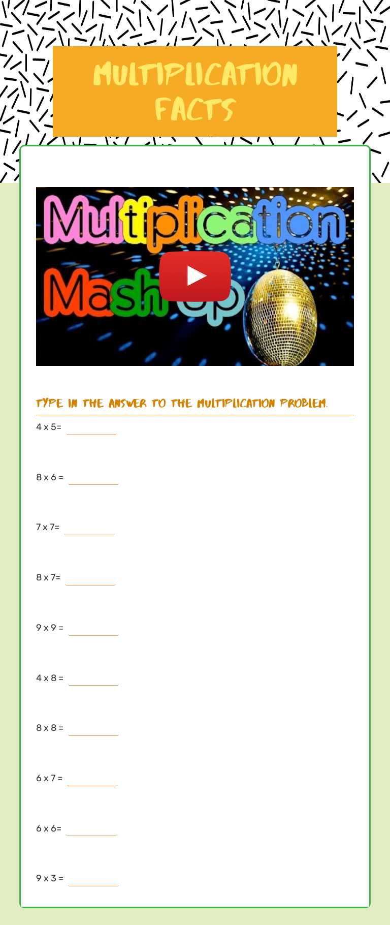 Multiplication Facts Grade 9 worksheet preview