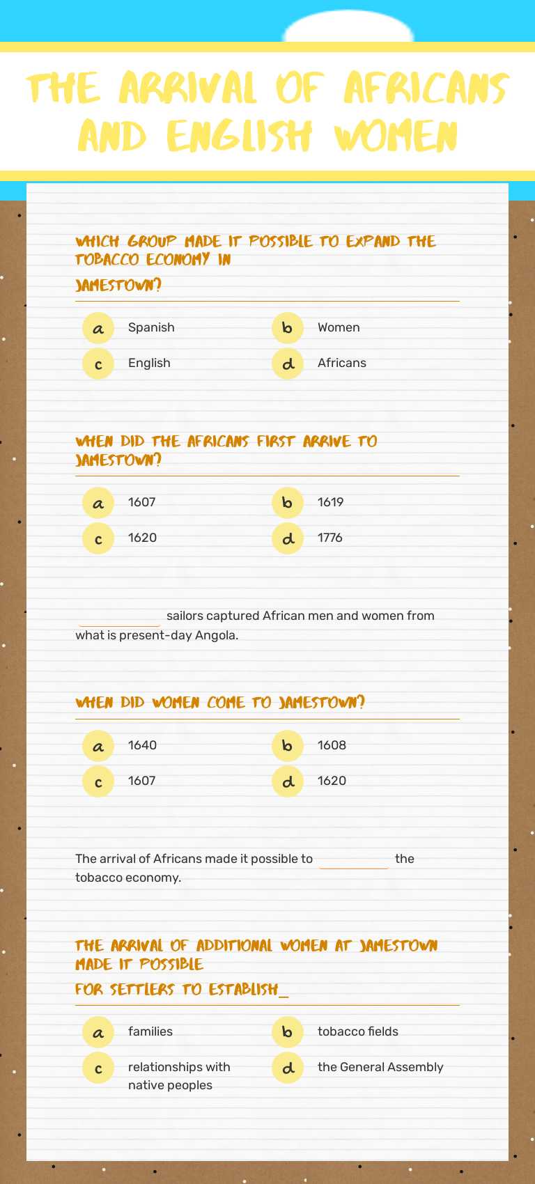 The Arrival of Africans and
english women worksheet preview image