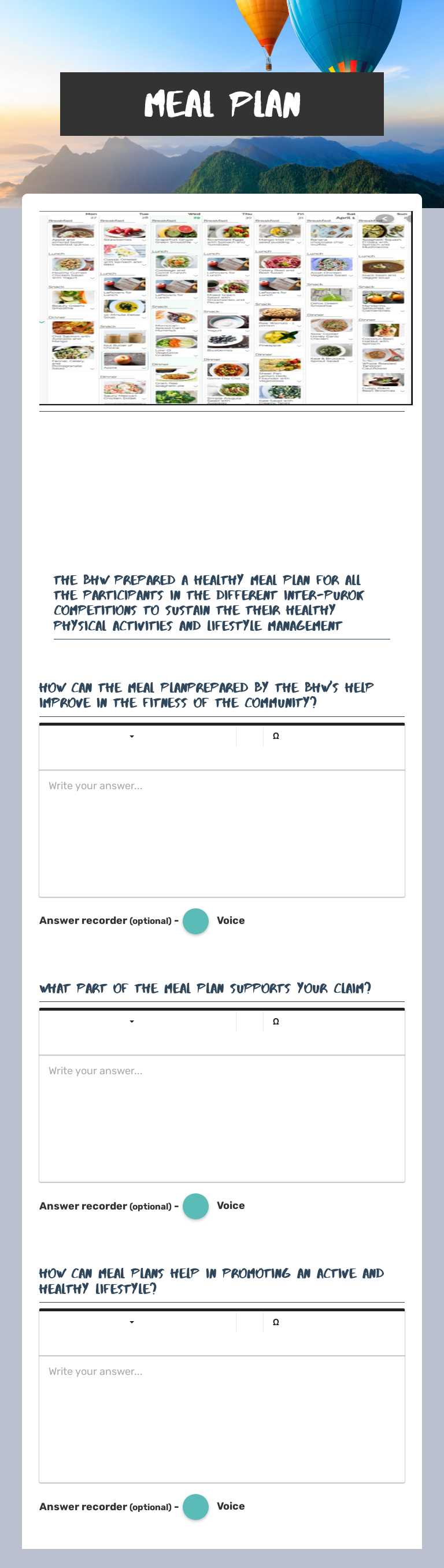 MEAL PLAN Grade 9 worksheet preview