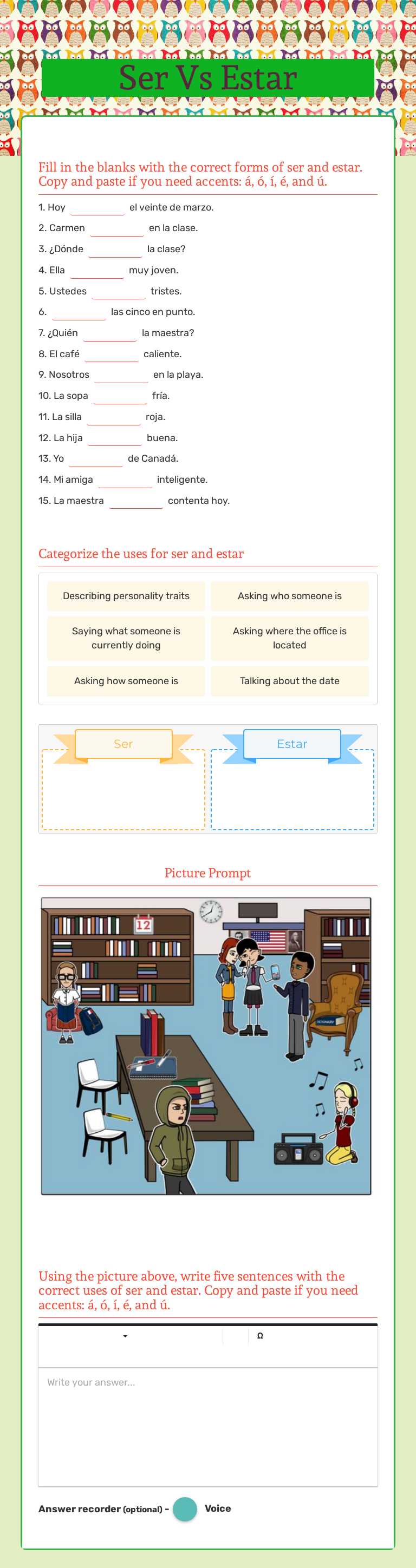 Ser Vs Estar worksheet preview image