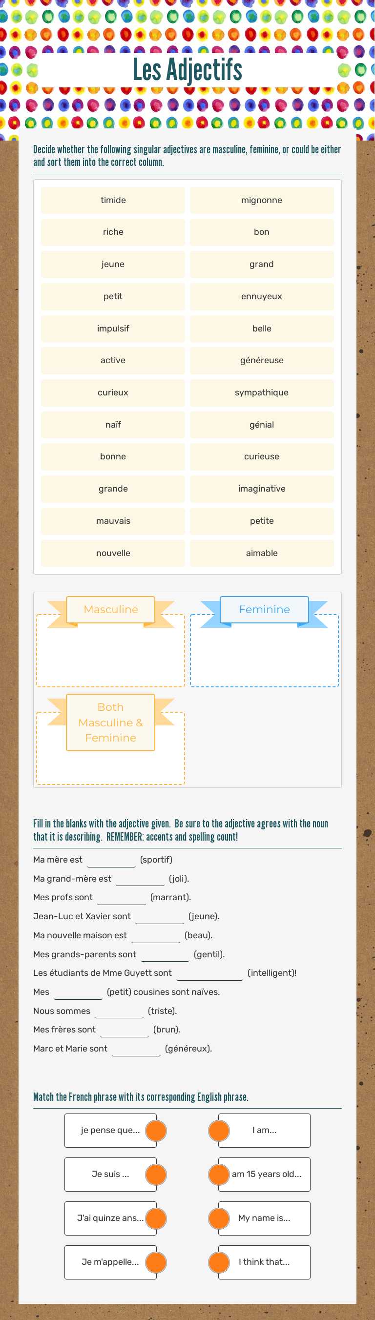 Les Adjectifs Grade 10 worksheet preview