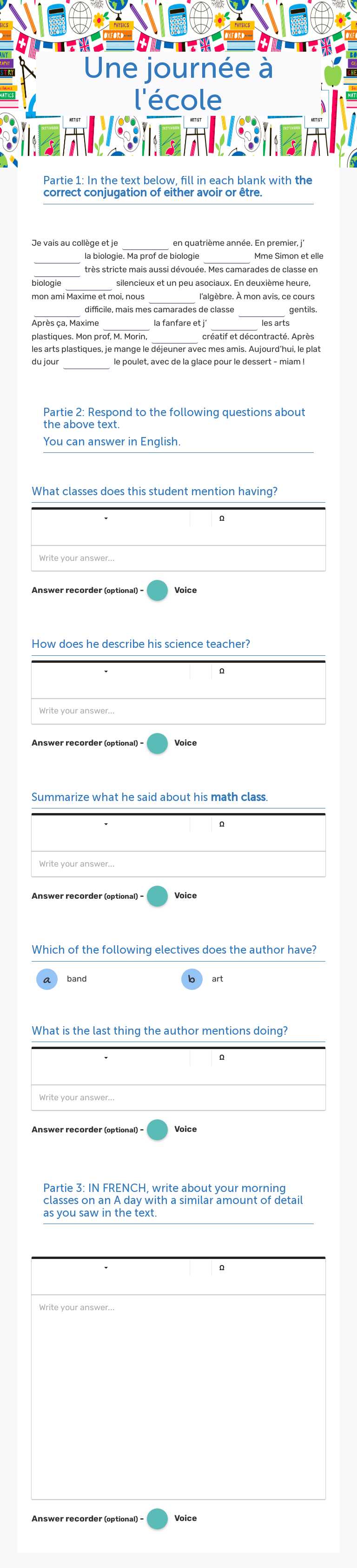 Une journée à l'école worksheet preview image