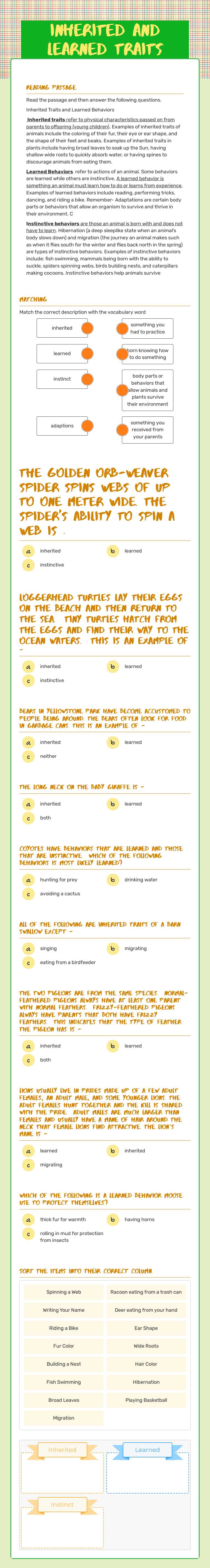 Inherited and Learned Traits worksheet preview image