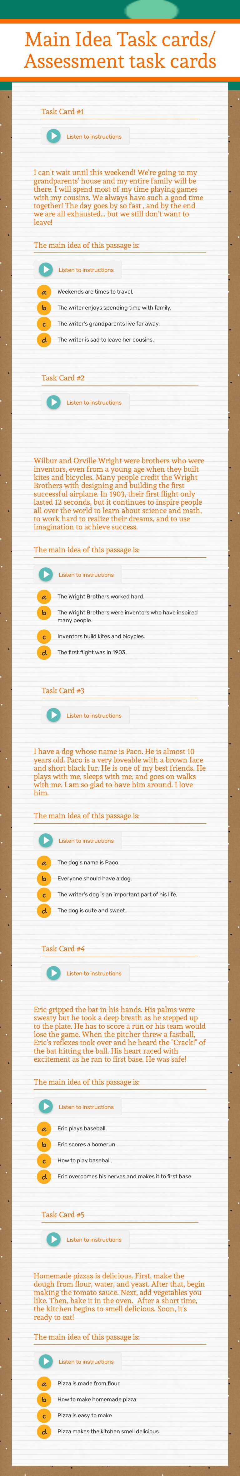 Main Idea Task cards/
Assessment task cards worksheet preview image