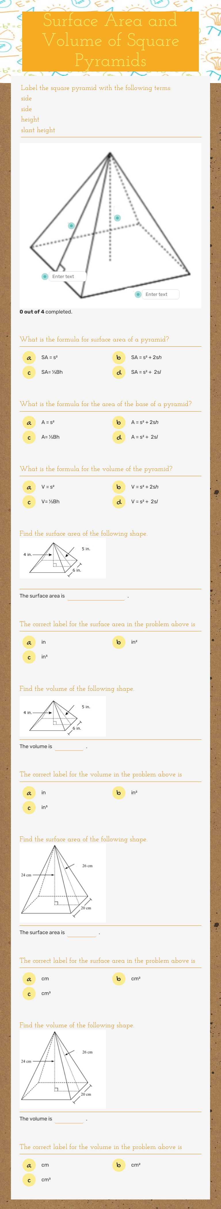 Surface Area and Volume of Square Pyramids by Josh Delgado ...